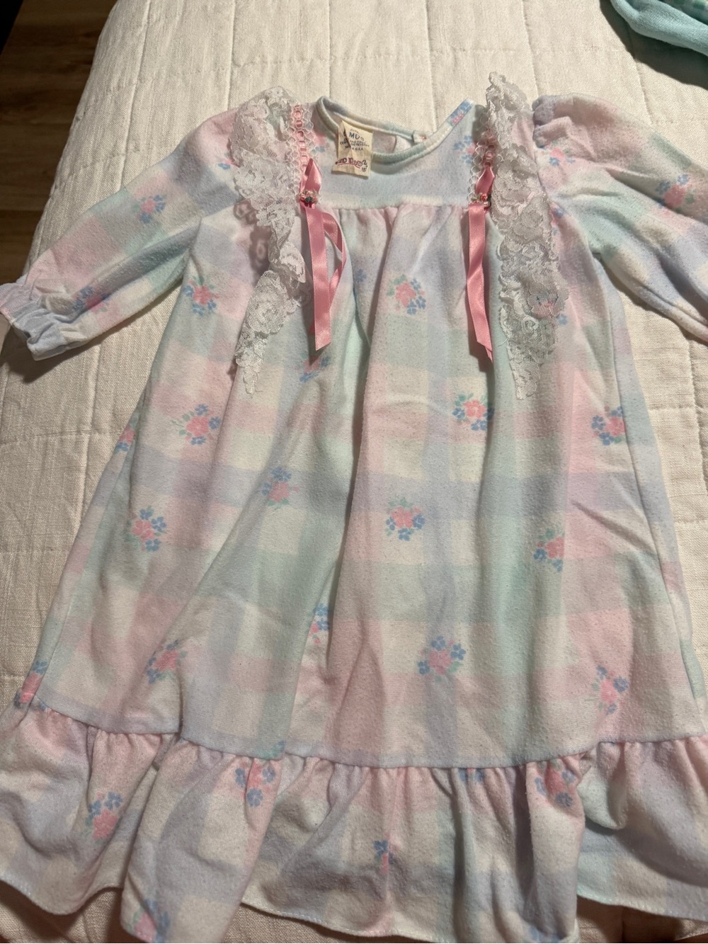 Vintage 80s 90s Baby Dress 6M Lace Ribbon Pastel Plaid Made USA